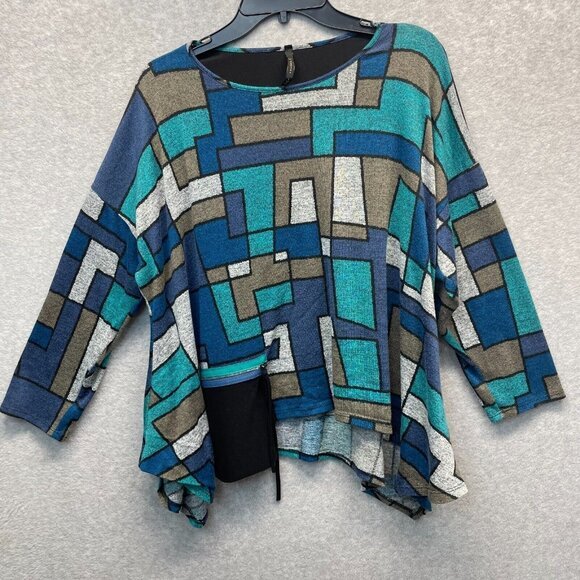 IC By Connie K Top Womens Large Blue Abstract Art Colorblock Long Sleeve - Picture 1 of 14